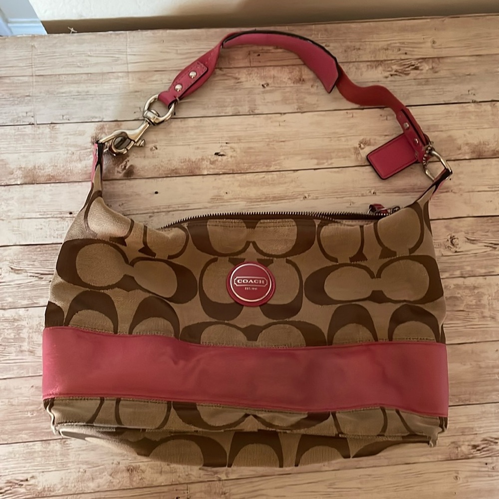 Coach logo canvas hobo handbag pink